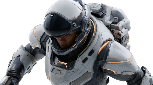 A man in a white spacesuit with a black helmet - Powered by Adobe