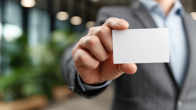 Business and career development professional presenting blank white business card mockup in modern office setting - Powered by Adobe