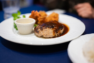 Hamburger Steak with Fried Shrimp and Tartar Sauce