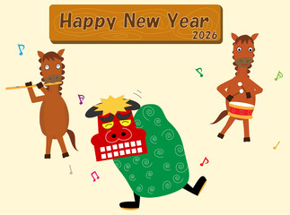 2026年の年賀状のイラスト素材。獅子舞で馬が演奏している。