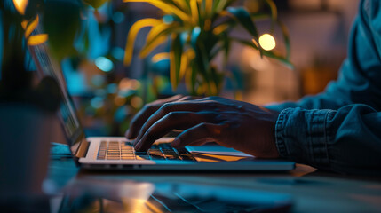 Hands typing on laptop keyboard in cozy indoor workspace during evening hours with warm lighting