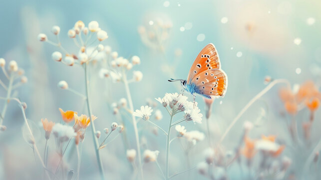 Orange butterfly perched on delicate wildflowers in a soft blue background with natural light - Powered by Adobe