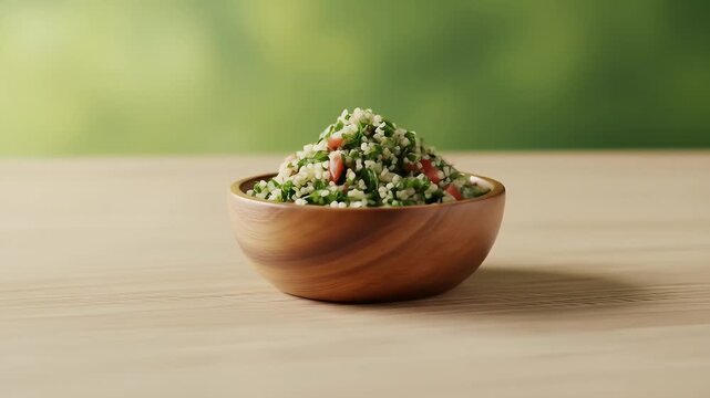Tabbouleh Salad in Wooden Bowl on Light Wood Table