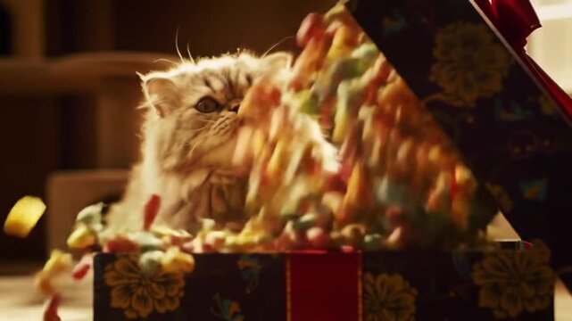 Persian cat reaching out from a floral patterned gift box