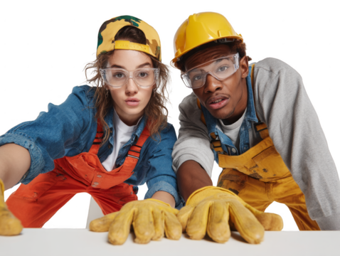 Two people wearing safety gear, one is a woman and the other is a man - Powered by Adobe