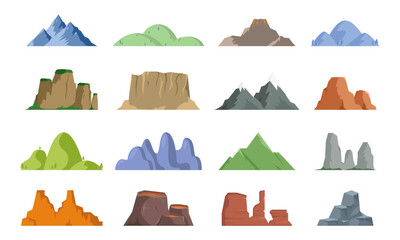 Vector set of isolated snowy mountains, mountain peak, hill top, iceberg, nature landscape. Camping landscape and hiking illustration. Outdoor travel, adventure, tourism, climbing design elements