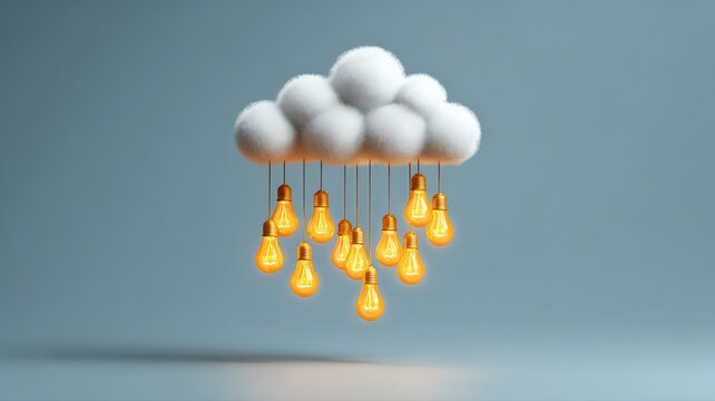 A cloud computing icon that is raining down glowing lightbulbs, cloud-based innovation.