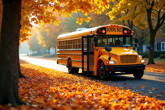 School Transportation: A Bright Yellow Bus During the Autumn Season