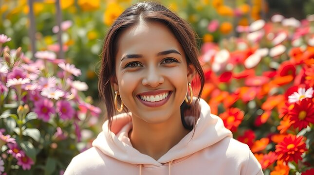 Radiant young woman with a beautiful smile enjoying a sunny day in a vibrant and colorful flower garden - Powered by Adobe