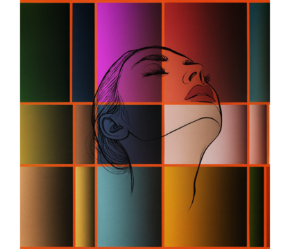 Abstract art of a woman’s face in minimalist line drawing over colorful geometric blocks, blending modern portrait illustration with vibrant gradient design.