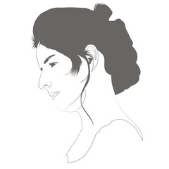 This is a minimalist, grey-scale vector illustration of a person in profile. Their dark hair is in a messy bun, and they are wearing an earbud.