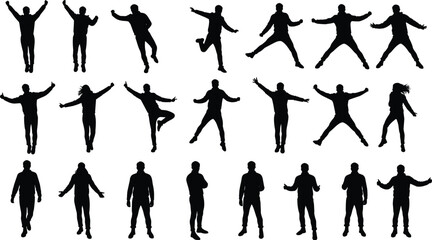 Silhouettes of diverse men and women in various standing, jumping, and walking poses, isolated on white background for design.