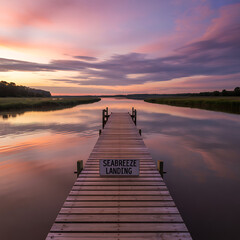 Fototapeta premium A calm, wooden pier extends into the tranquil lake, its weathered planks reflecting the vibrant colors of the summer sunset sky