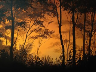 Fototapeta premium Tropical forest sunset silhouette, hazy background, nature scene, for design use