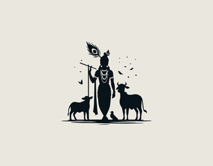 Fototapeta premium Black Vector Logo of Krishna with Cow and Calf Silhouette