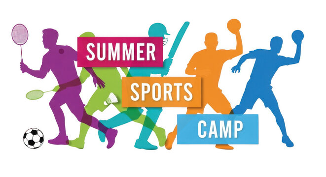 Summer sports camp illustration with colorful silhouettes of children participating in various activities like badminton, soccer, and running, isolated on transparent background - Powered by Adobe