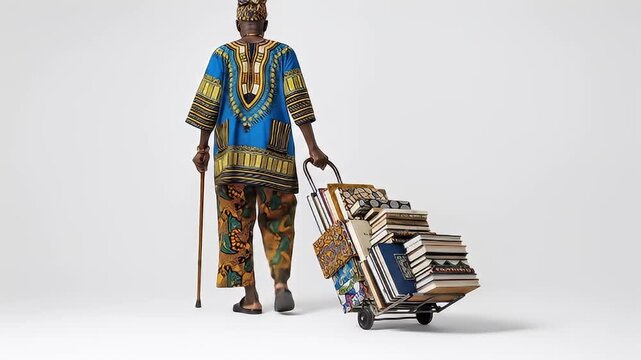 Elderly Person Walking Pulling Books on Cart Studio Shot