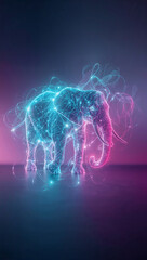 Digital Elephant Concept Glowing Network of Data Points and Connected Lines with Neon Light Aesthetic in Cyberpunk Style