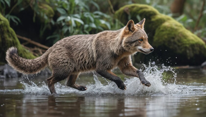 Coyote Running Through Water with Splash in Natural Forest Environment