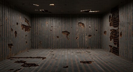 Empty square room with corrosion on a rough striped metal, scratches, air holes, rusty house fence, holes, dents, pins on wall