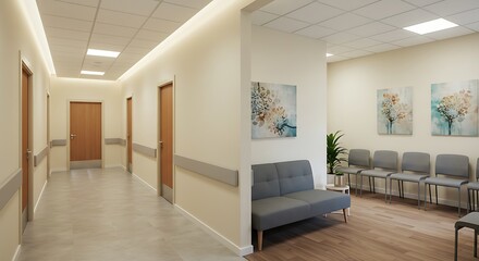 The corridor of the clinic with a waiting area at the doctor's office. Soft comfortable sofa.