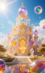 Majestic crystal palace in a magical fantasy kingdom. A fairytale castle adorned with sparkling gems under a bright sunlit sky.