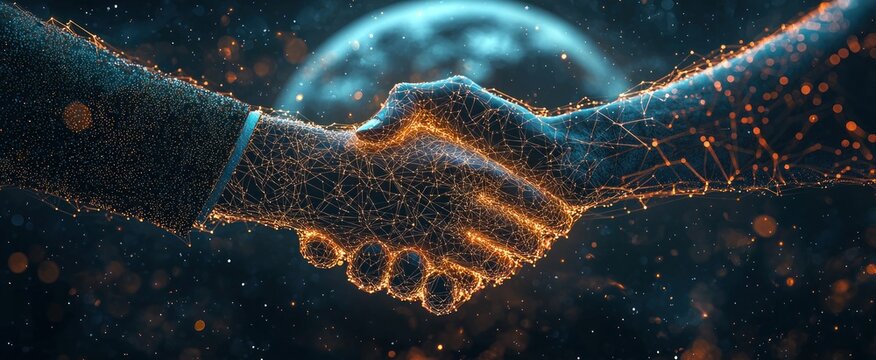 Abstract image of brotherly handshake in the form of a starry sky or space, consisting of points, lines, and shapes in the form of planets, stars and the universe. 3D Render illustration best deal