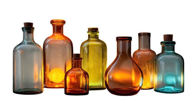 Illuminated Glass Bottles, isolated on transparent background