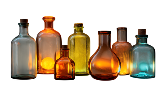 Illuminated Glass Bottles, isolated on transparent background