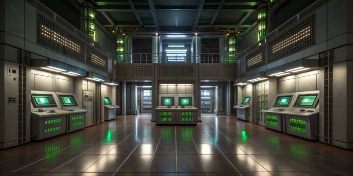 Futuristic control room with glowing screens presents a high-tech ambiance in a sci-fi setting