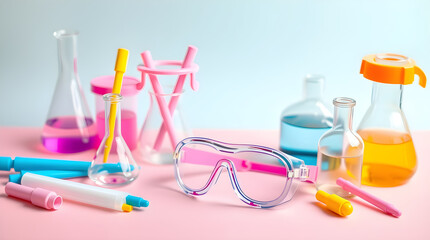 Colorful chemistry experiment setup with safety goggles emphasizing lab safety