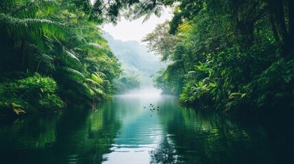 Obraz premium A serene river flows through lush, green foliage, creating a tranquil and picturesque natural landscape.