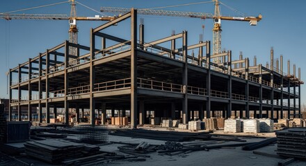 Steel frame of a large building under construction, with cranes in the background