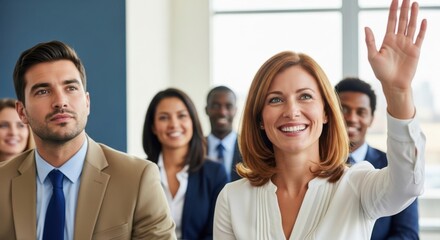 Obraz premium Woman raises hand in a business meeting with colleagues