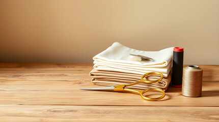 Sewing accessories on wooden table: fabrics, scissors, and thread for dressmaking