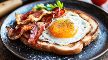 A plate of bacon and eggs on toasted bread with a side of fresh herbs.