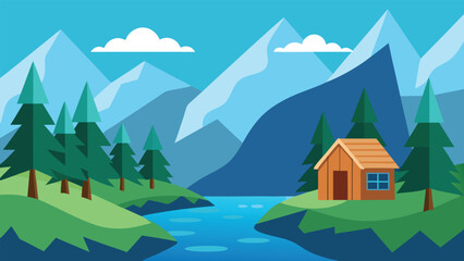 A rustic cabin nestled in the mountains, surrounded by tall trees and a flowing river.