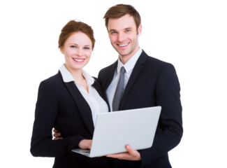 A man and a woman are smiling and holding a laptop