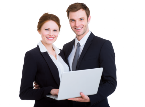 A man and a woman are smiling and holding a laptop
