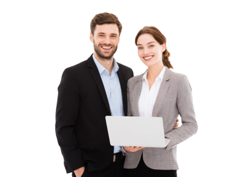 A man and a woman are posing for a picture with a laptop