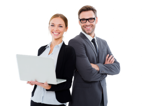A man and a woman are posing for a photo with a laptop