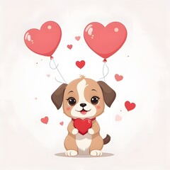 Adorable puppy holding a heart with festive balloons, perfect for Valentine's or love-themed designs