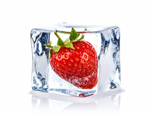 Fresh Strawberry Frozen Inside a Crystal Clear Ice Cube Studio Shot
