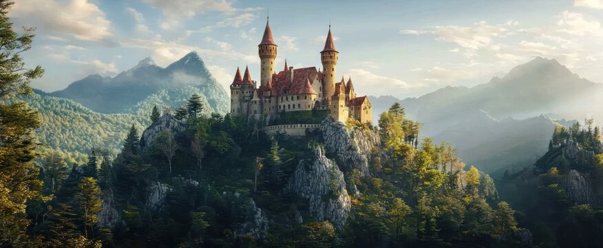 Enchanting old fairytale castle on a top of a hill, in an idyllic landscape, 3d render