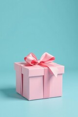 Obraz premium Delicate pink gift box, festive flower, pastel blue backdrop Perfect for feminine celebrations , design, pastel, copy space