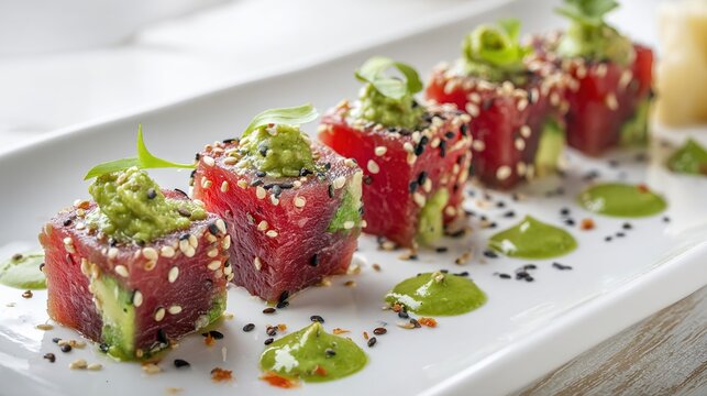Square sushi rolls, bright red tuna, sesame seeds, avocado, green sauce, light plate