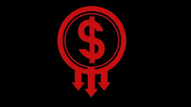 Animated red dollar icon with downward arrow. Circular financial symbol. Black and green screen chroma key background.