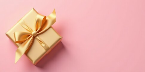 Golden-wrapped present, soft pink backdrop Delicate bow , festive, detail