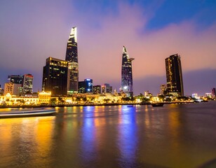 Obraz premium Ho Chi Minh City skyline at night reflecting beautifully on the Saigon River