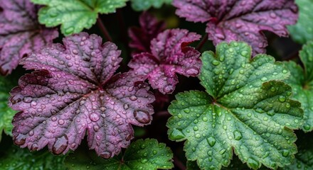 Close-up of vibrant leaves, covered in water droplets
